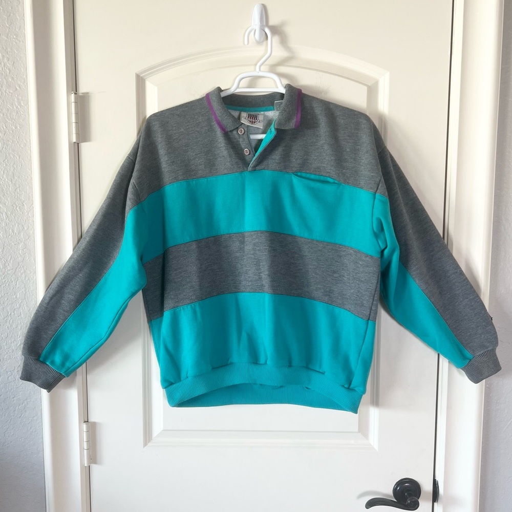 Vintage 90s Claybrooke Sport Striped Rugby Sweatshirt Collared Teal Gray XL